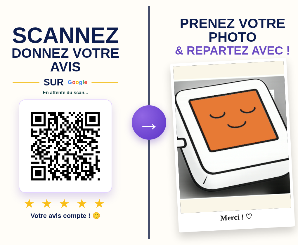 Écran BEFid : QR avis Google et photo souvenir imprimée