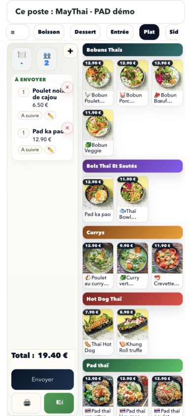 Vrai PAD serveur MayThai avec photos des plats et deux articles dans le panier, total 19,40 euros