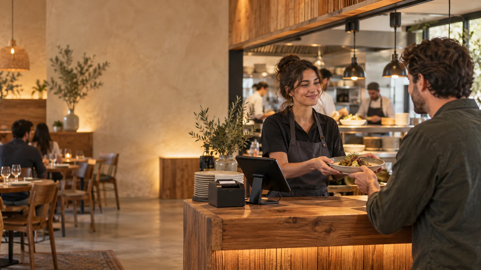 Une employée sert un plat à un client au comptoir d’un restaurant équipé d’une tablette de caisse et d’une imprimante