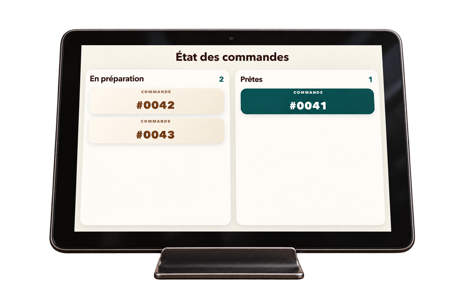 Tablette détourée affichant les commandes en préparation et prêtes à retirer