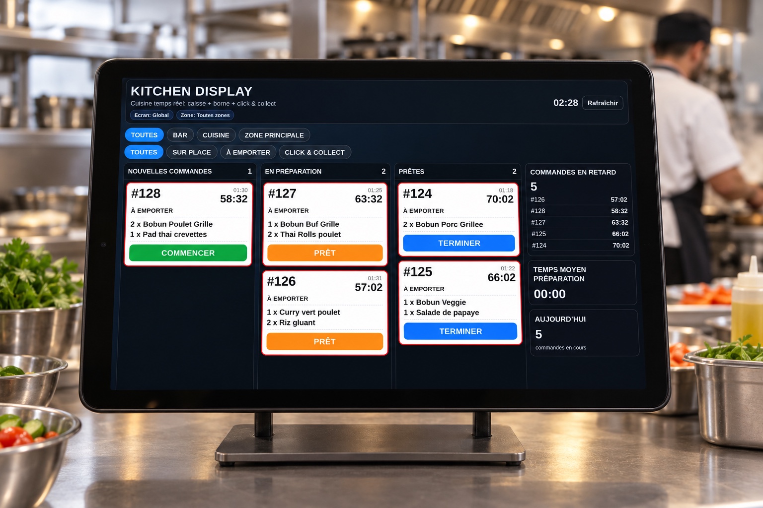 Kitchen Display présenté sur une tablette en cuisine professionnelle